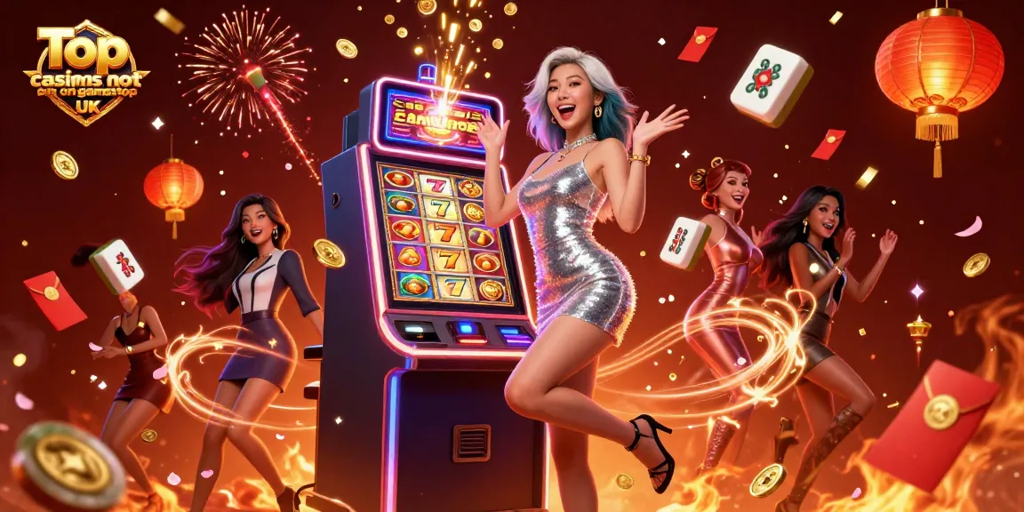 Playful Asian woman celebrates a jackpot at top casinos not on gamstop UK, with vibrant casino elements.
