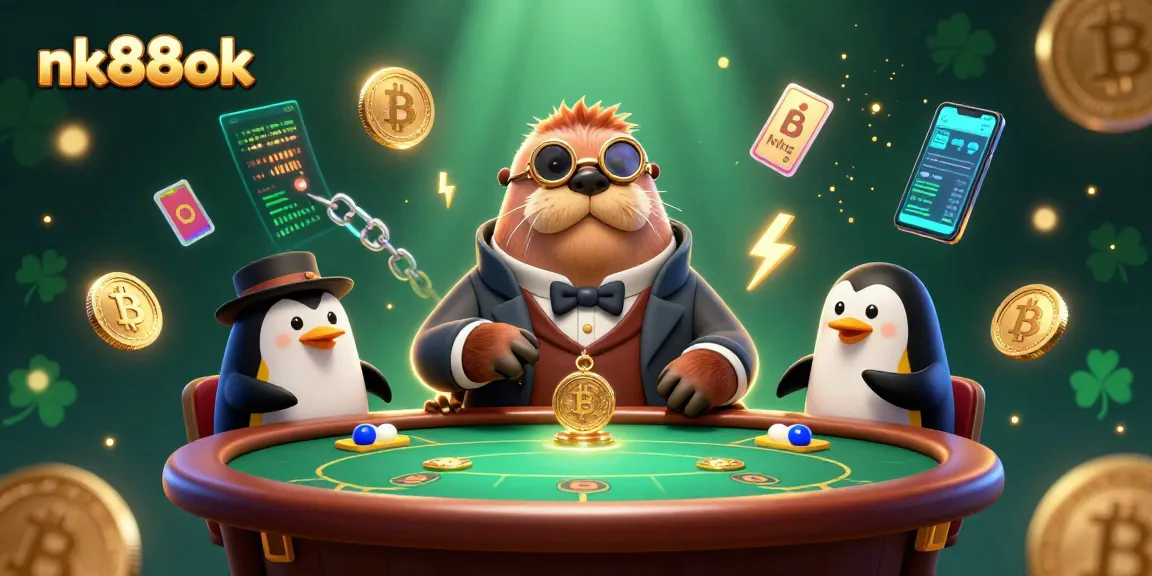 Engage in thrilling gameplay at nk88ok with a jolly walrus and friends at an underwater poker table.