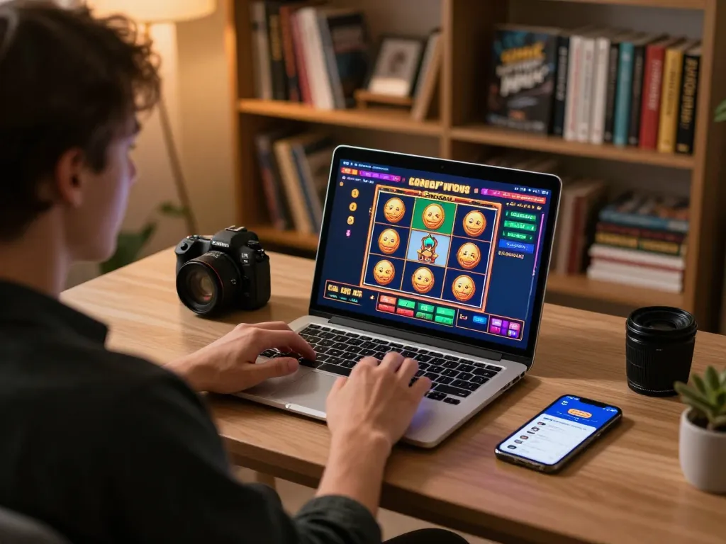 Player engaging with the 88clbgo online slot game on a laptop in a cozy home environment.