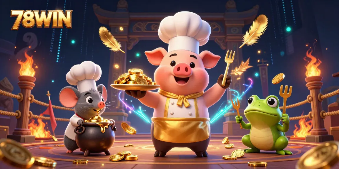 Engage in thrilling plays at 78WIN while the chef serves golden coins amidst exciting casino elements.