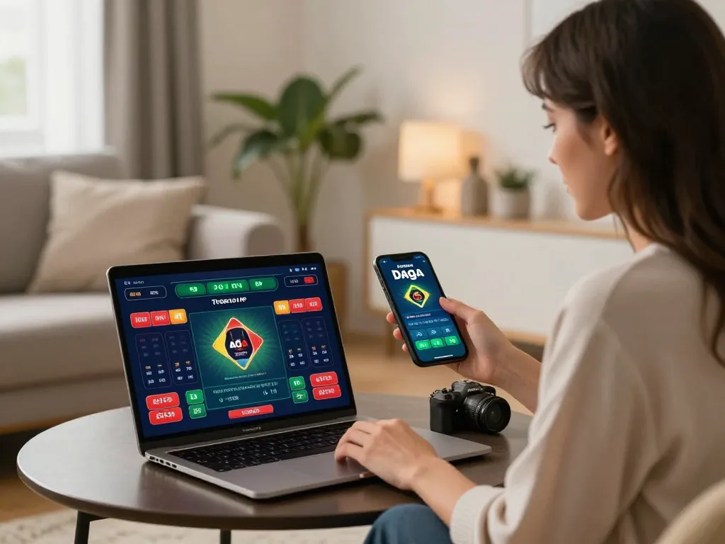 Daga mobile app betting session showcasing a woman enthusiastically placing bets in a cozy home setup.