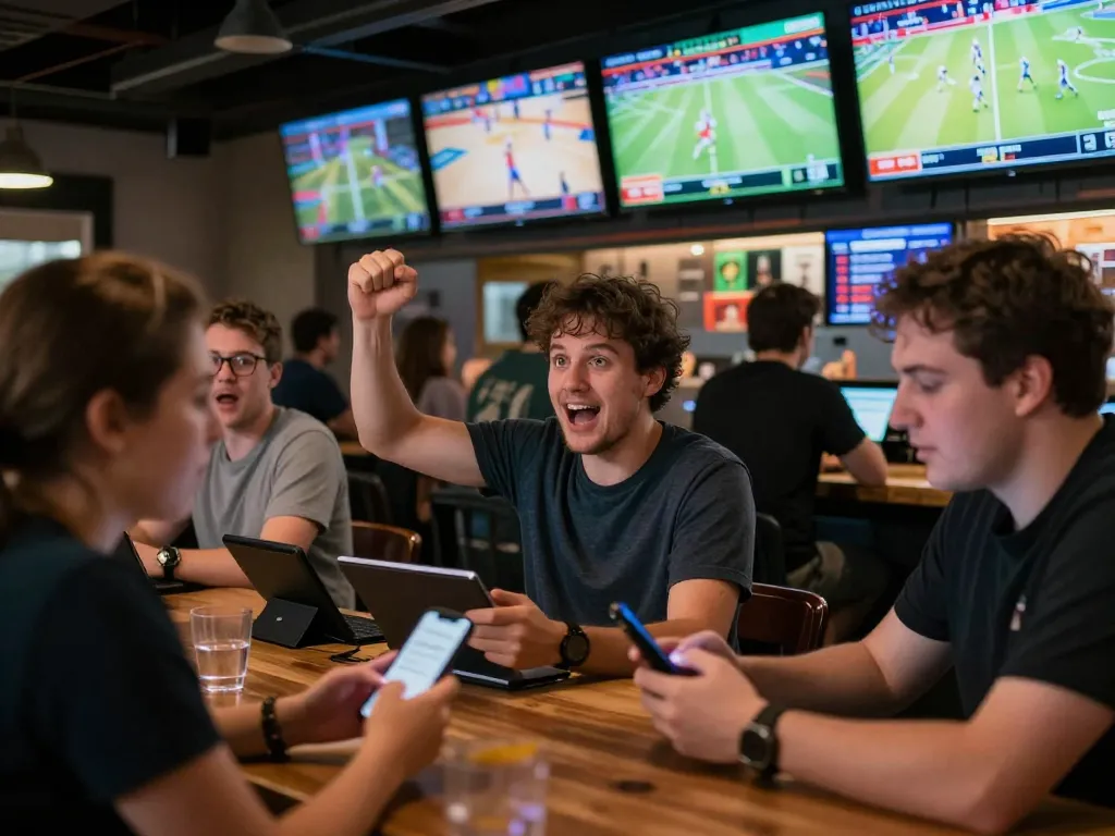 Engaged sports bettors using bongdalu app on smartphones, celebrating moments during live games in a vibrant sports bar.