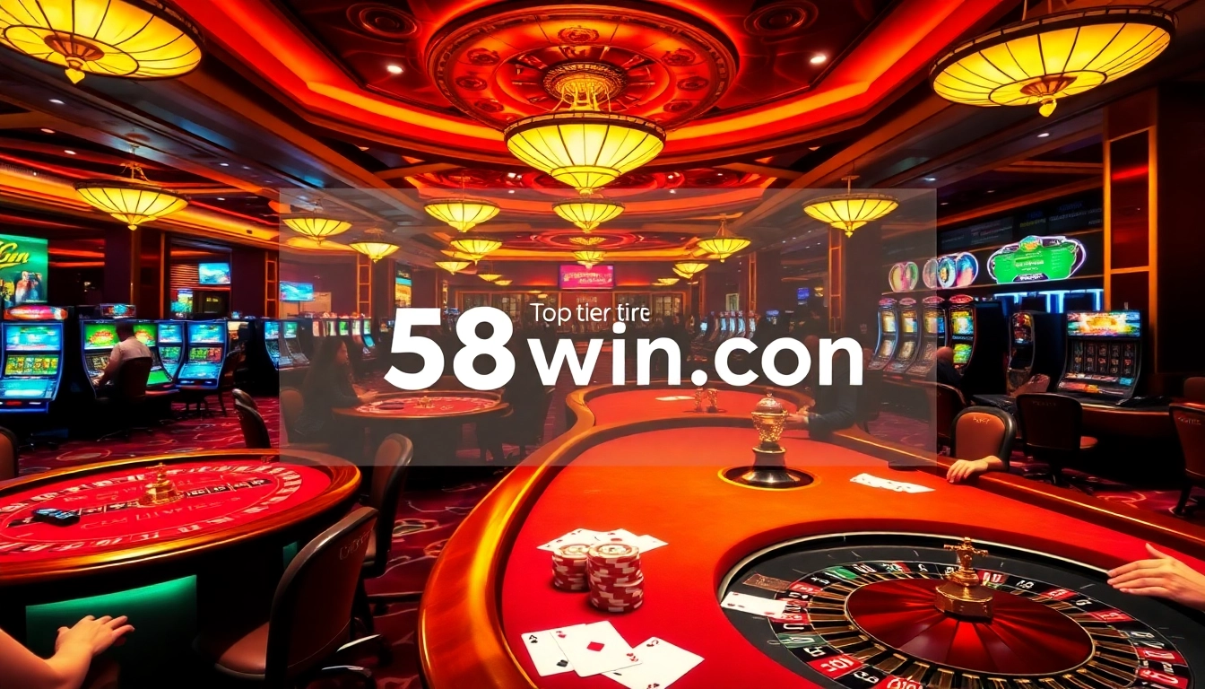 Experience luxury gaming excitement at 58win.con with vibrant casino tables, slot machines, and engaged players.