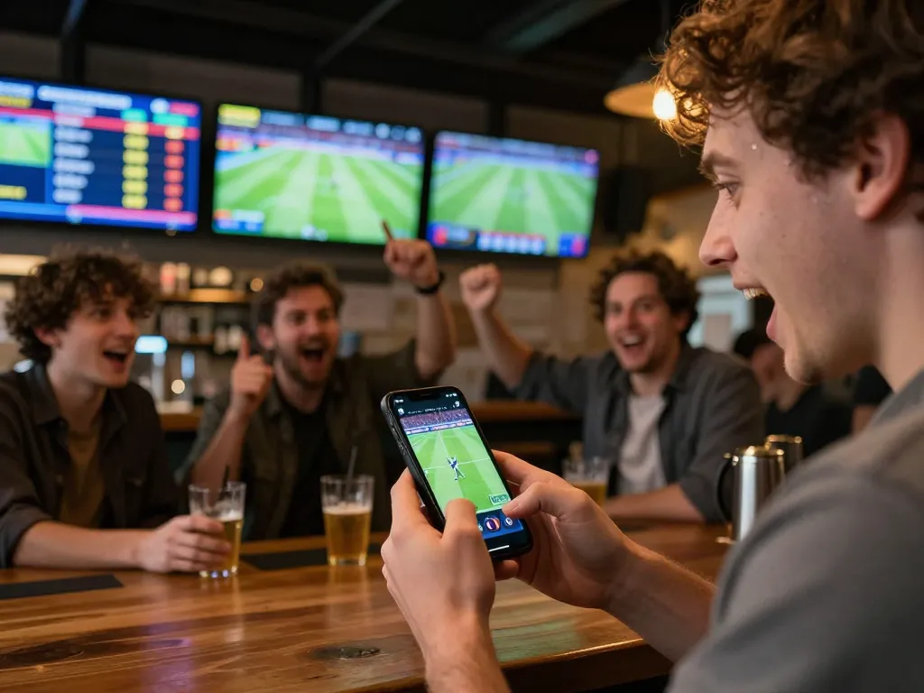 NOWGOAL betting action as a person uses a smartphone at a sports bar while friends celebrate