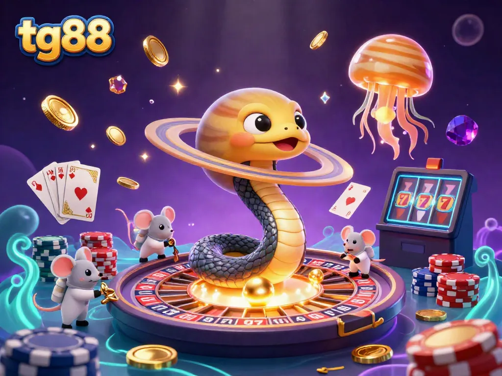 Experience the thrill at tg88 casino with a cosmic roulette wheel and colorful characters betting on their luck.