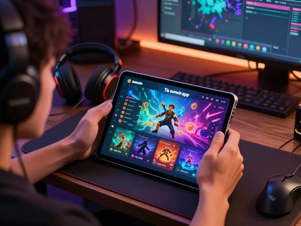 Engaging player exploring tải sunwin app in vibrant gaming room.