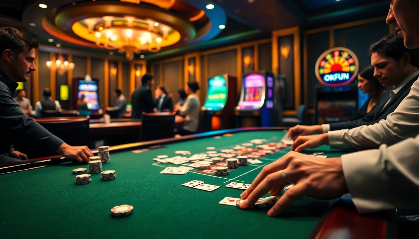 Players engaging in a thrilling poker game at OKFUN casino with vibrant colors and table action.