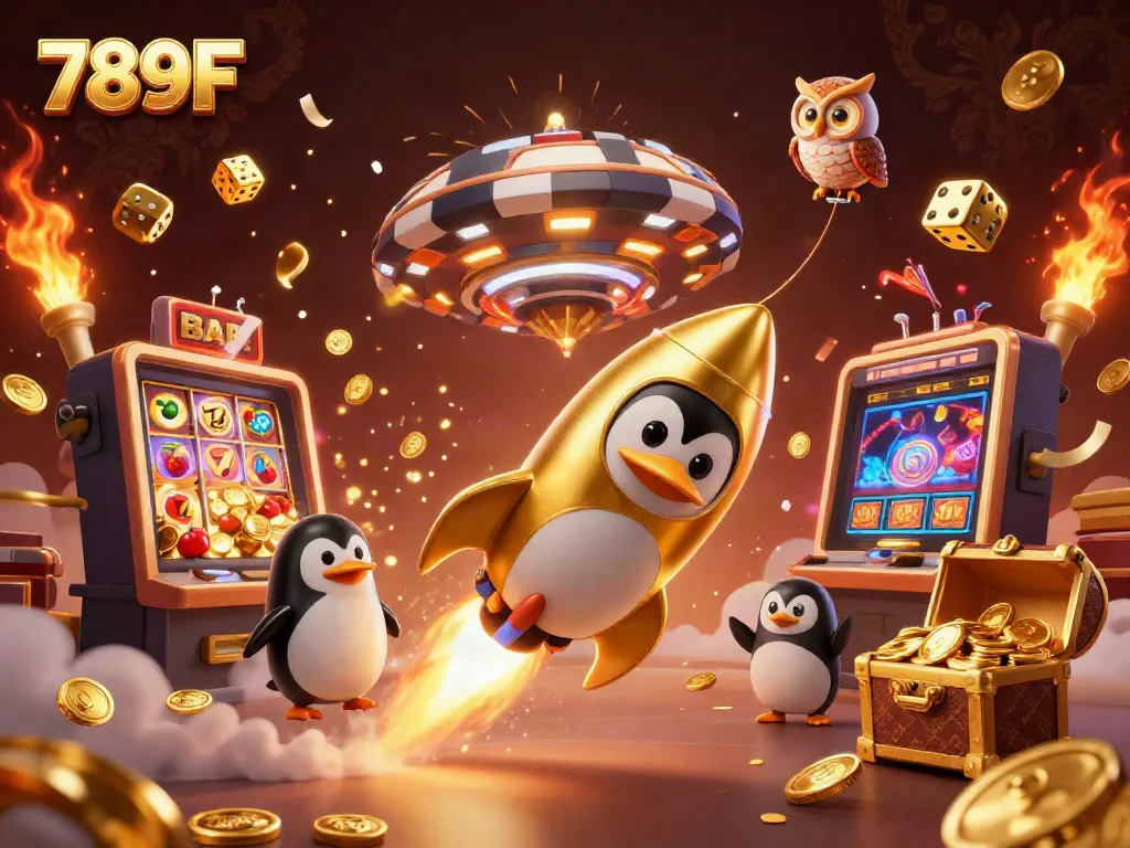 Experience the thrill of 789F as a golden penguin blasts through space towards a vibrant casino, bursting with fun!