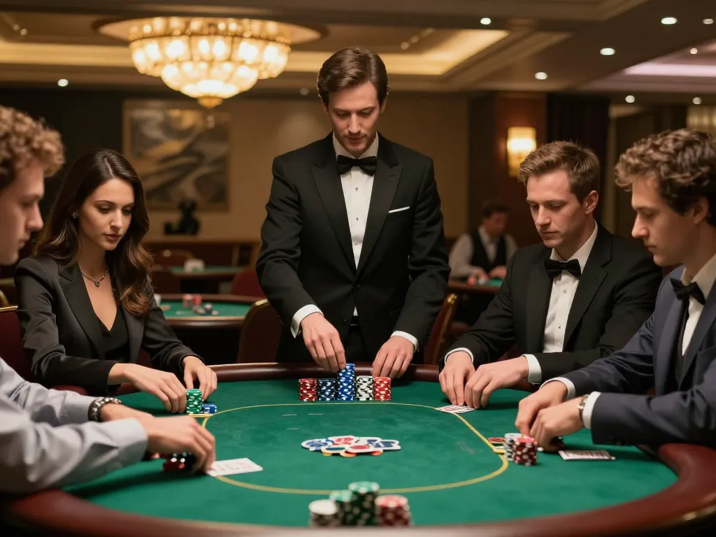 Watch players strategize at a go88 poker table in a vibrant casino, creating an engaging atmosphere.