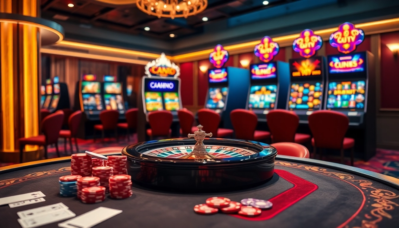 Engaging scene depicting 888VI Đăng nhập with casino tables and slot machines in a luxurious setting.