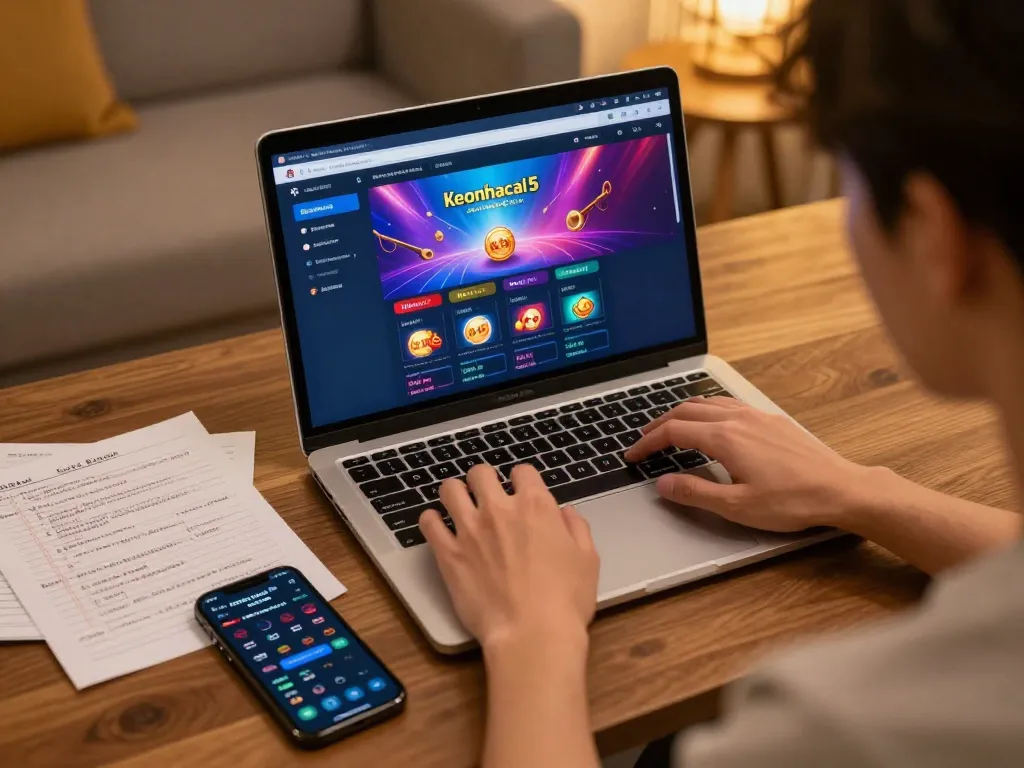 Player engaging with keonhacai5 betting interface on laptop in a cozy home setting.