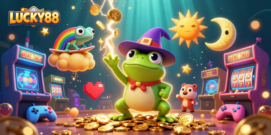 Experience the thrilling world of LUCKY88 with vibrant characters and golden coins amidst exciting slot games.