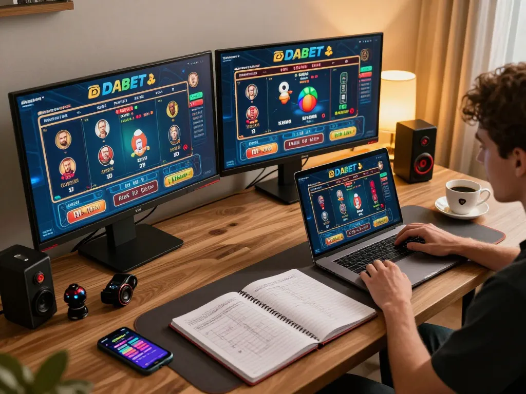 DABET player engaged in online betting with dual monitors in a cozy home setup