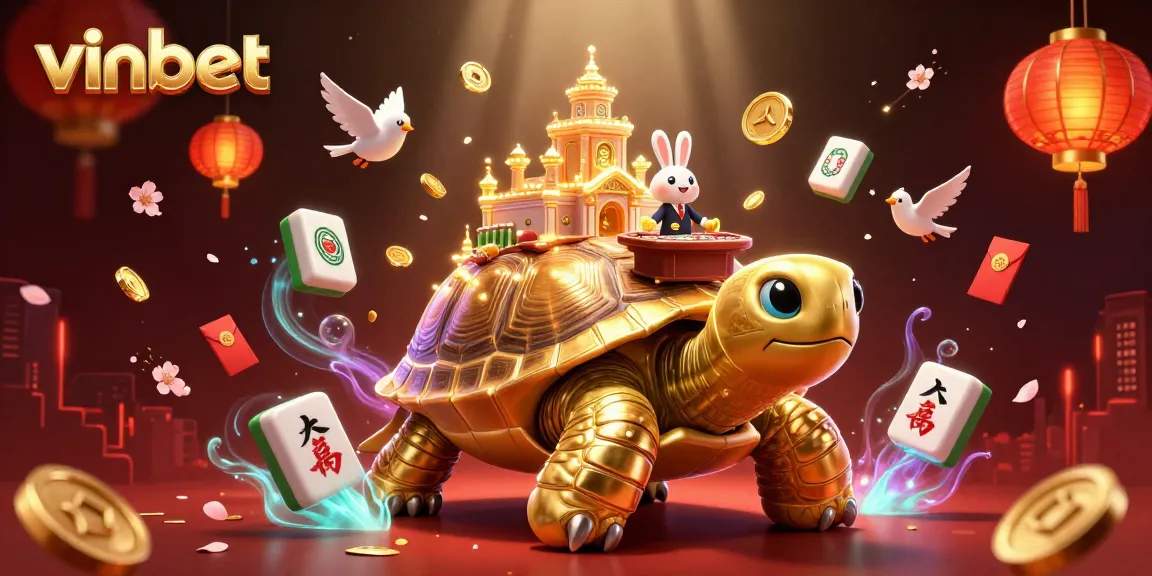 Win at vinbet with vibrant 3D illustration of a golden tortoise casino, showcasing the excitement and rewards of online gambling.