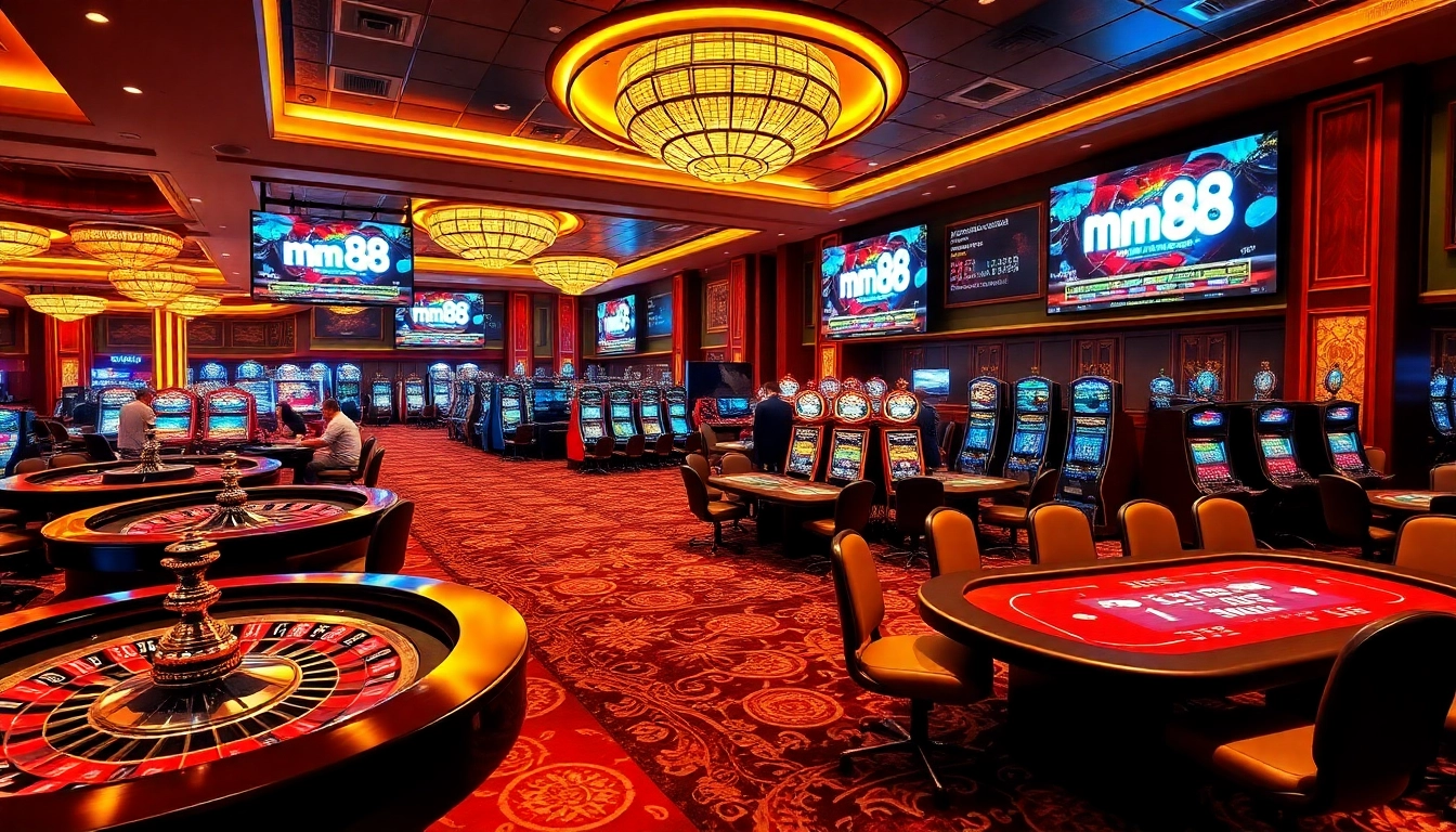 Experience thrilling gambling excitement with mm 88 at a luxury casino scene featuring poker tables, roulette wheels, and slot machines.