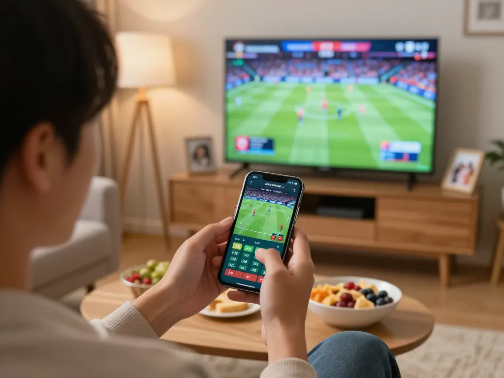 88CLUB engaged user placing bets on smartphone in a cozy living room setting