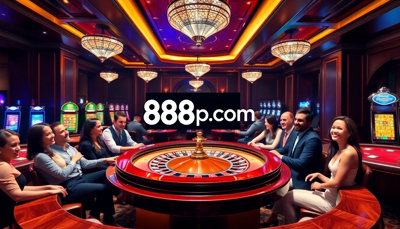 Experience excitement at 888p com with players engaging at a vibrant roulette table amidst a luxurious casino.