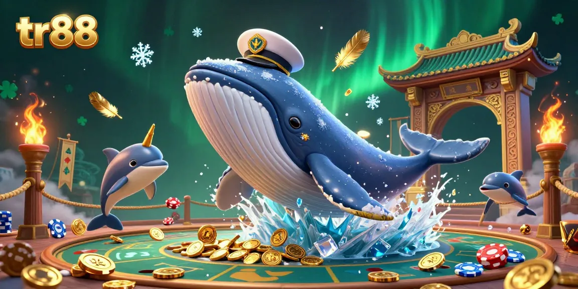 Win big with tr88 in this vibrant casino scene filled with playful dolphins and a majestic whale.