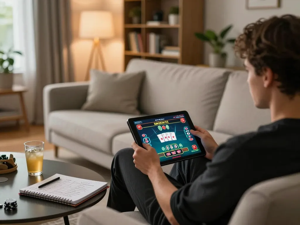Net88 player enjoying online poker game at home with strategic notes and cozy ambiance