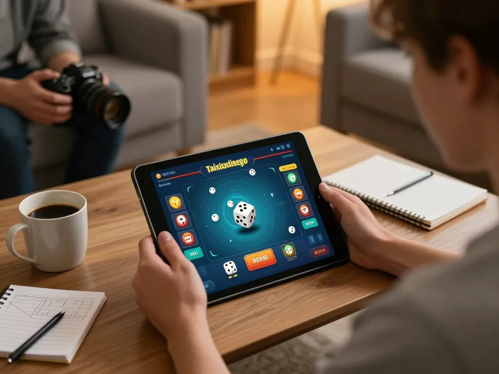Engaging online gaming session on taixiuonlinego app with player using tablet at home.