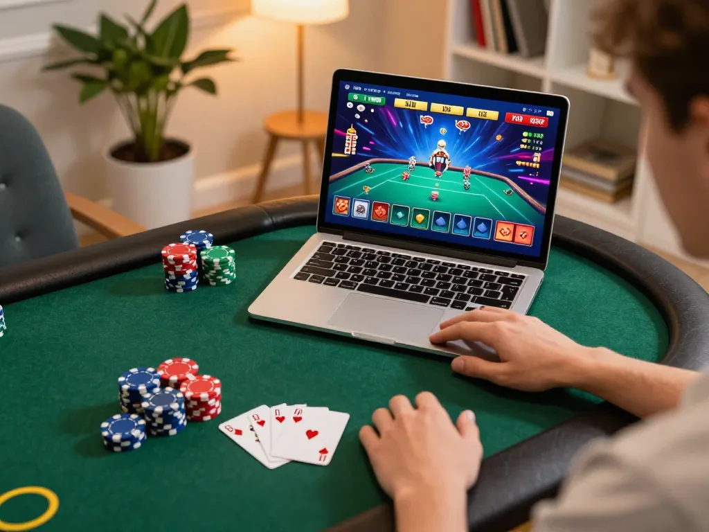 Exciting player enjoying online poker at home with vibrant graphics on screen, highlighting 78wintl's gaming experiences.