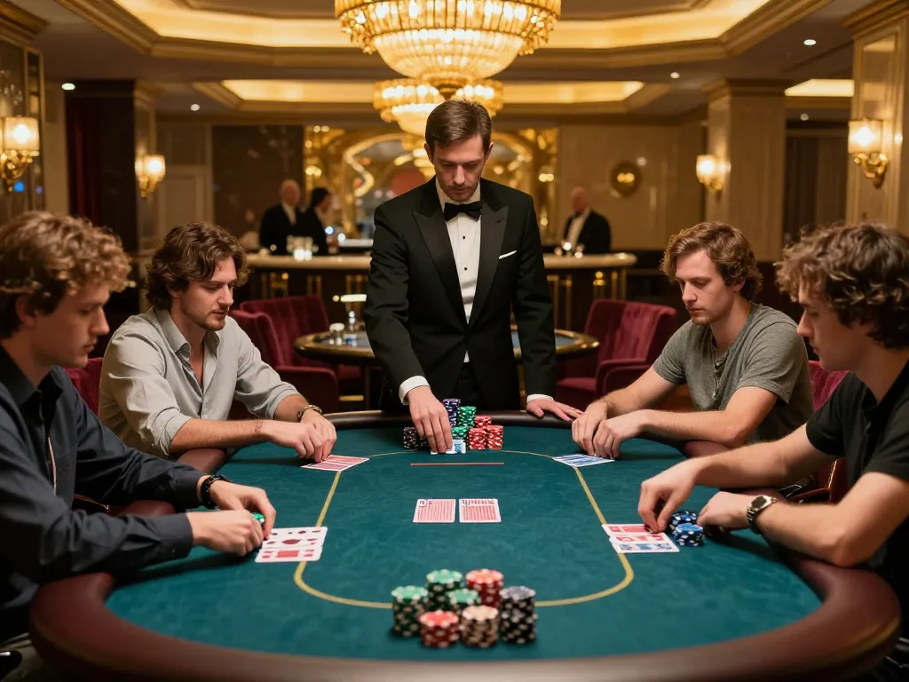 High-stakes poker game scene in a luxurious VIP area, featuring strategic gameplay with g28-t1 players engrossed in their cards.