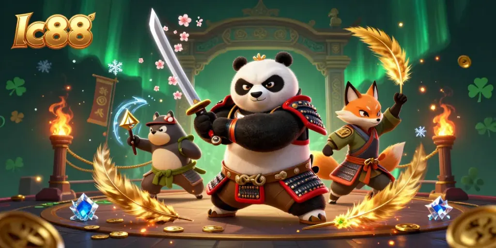 Engage in thrilling gameplay at lc88 with dynamic samurai panda and ninja fox battling in a vibrant casino scene.