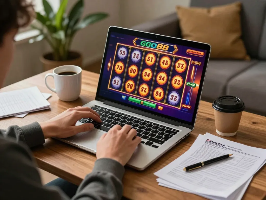Engaged in Go 88 online gaming setup with vibrant slots displaying on laptop.