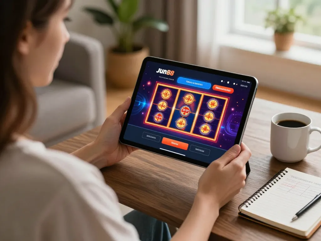 Engaging gameplay on the Jun88 app while strategizing betting options in a cozy home setup