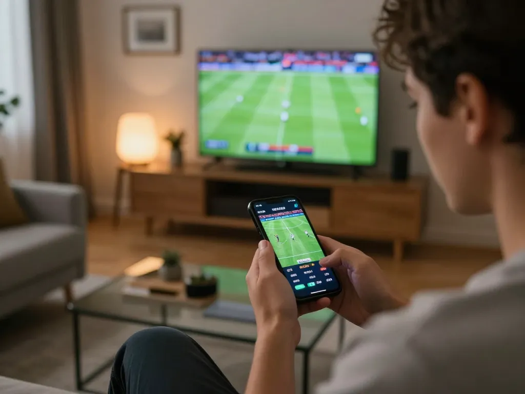 Person analyzing live betting odds on keobongda app during an intense sports match.