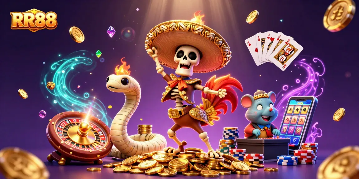 Enjoy thrilling gaming experiences with RR88 as characters triumph on a stack of gold coins.