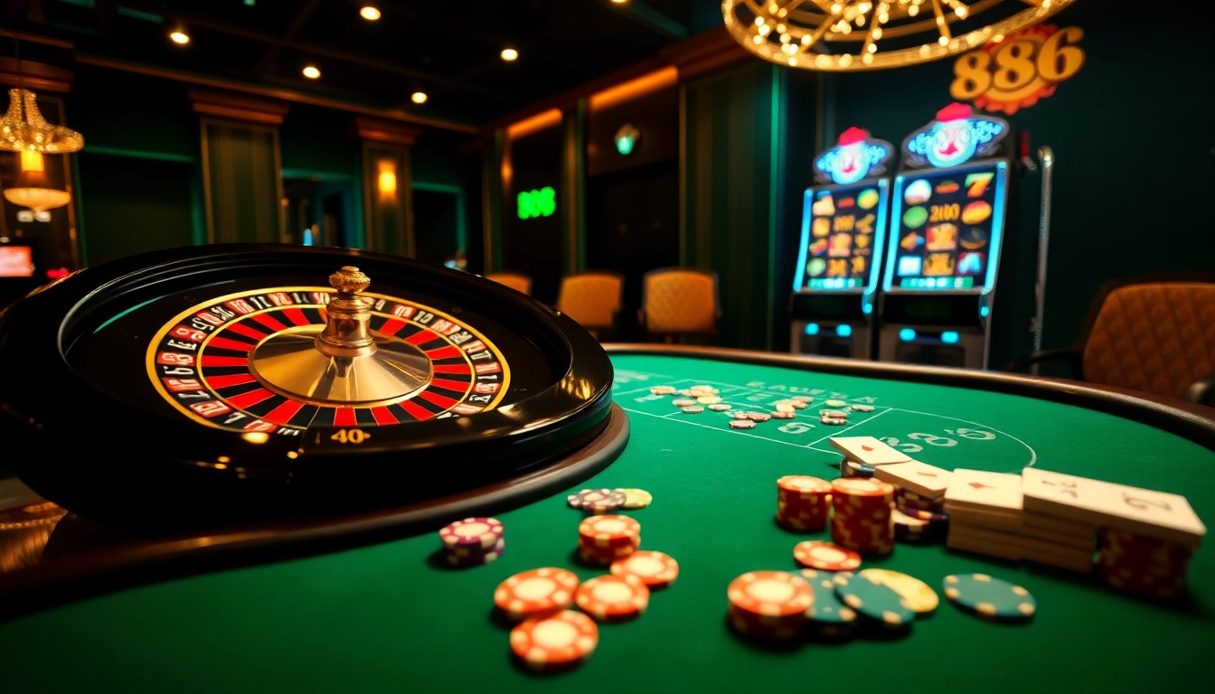 Casino excitement at 888b with roulette, poker chips, and vibrant slot machines.