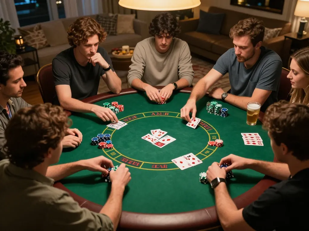 Tài xỉu online excitement during a home poker night with players around a green felt table.