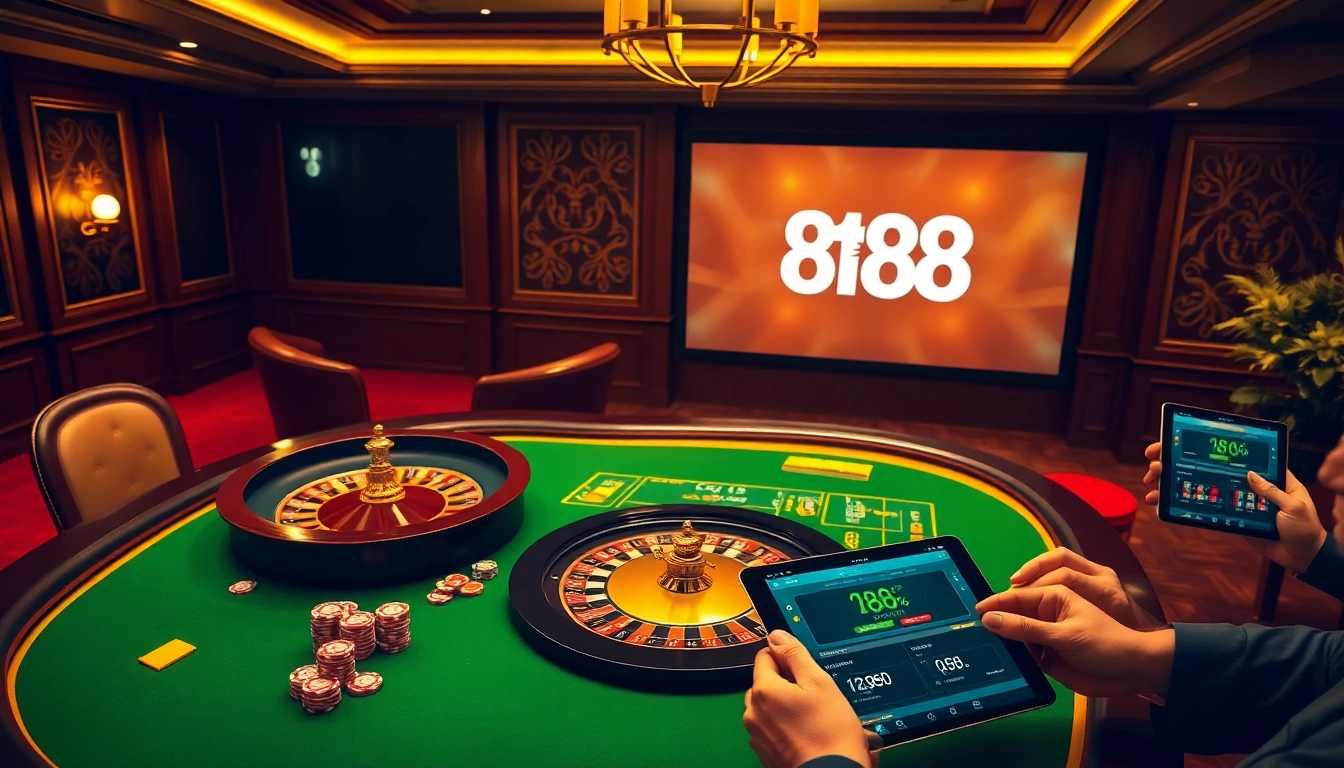 Experience the excitement of gambling on the trang chủ 888b with a luxurious casino scene featuring poker, roulette, and tech.