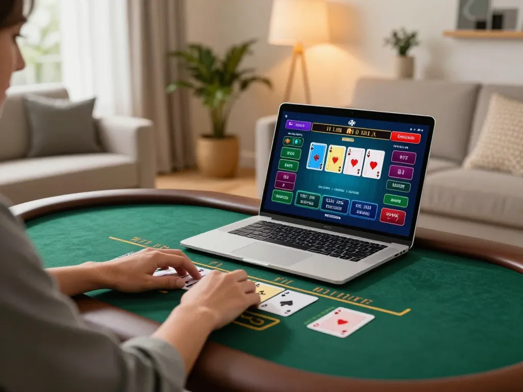 Engaging with trang chủ nk88 while playing live dealer blackjack in a cozy home setup, demonstrating online gambling strategy