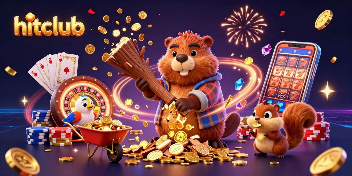 Hitclub showcases a vibrant gaming scene with a beaver, bird, and squirrel collecting coins.