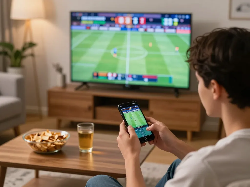 Betting enthusiast engaging with 98win1 while watching a sports game