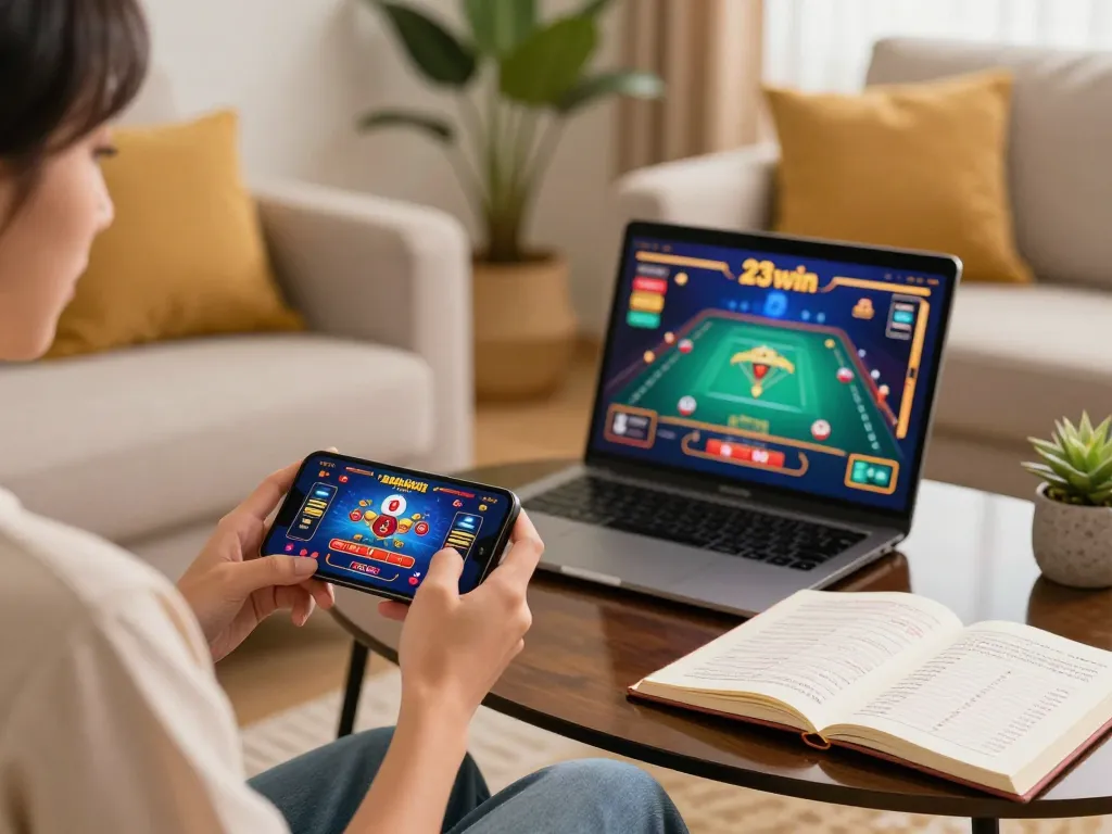 Engaged player enjoying nhà cái 23win on smartphone with strategic notes at home.