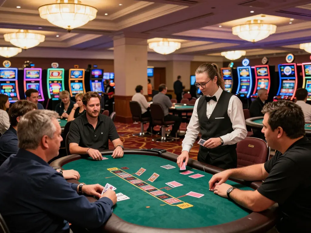 Players enjoying a lively HITCLUB blackjack game on a vibrant casino floor, cards dealt in action.