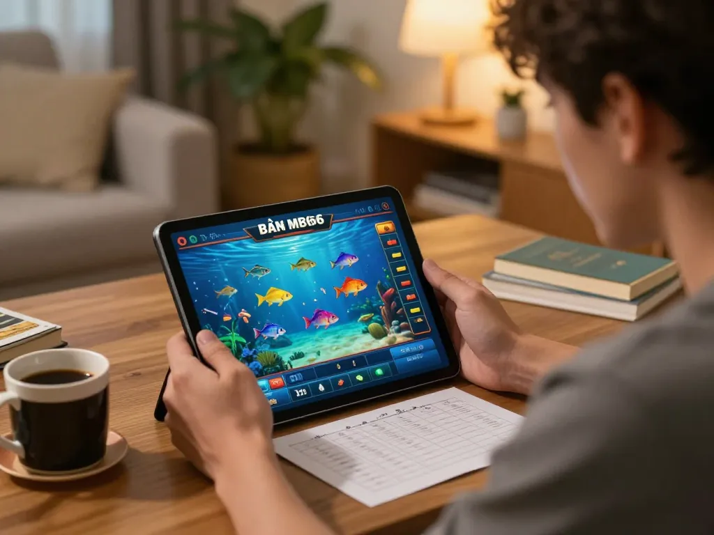 bắn cá mb66 gaming session on a tablet at home with strategic notes and a cozy ambiance