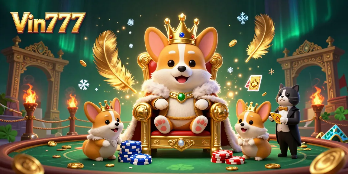 Experience the thrilling gameplay at Vin777 with a royal corgi and a cat butler in a dynamic casino scene.