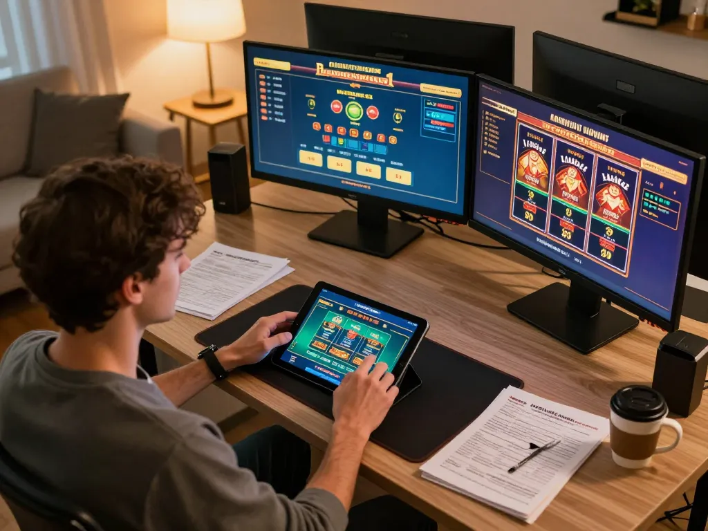 Player engaging in online gambling activities on 9win at a stylish desk with multiple screens.