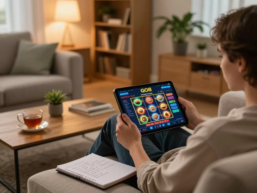 Engaging in online gaming at https://go8.agency/ with exciting slot visuals in a cozy setting.