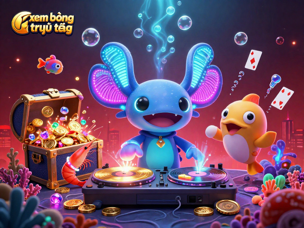 Experience xem bóng đá trực tiếp with vibrant 3D cartoon illustration showcasing an axolotl DJ and underwater treasures in a lively casino ambiance.