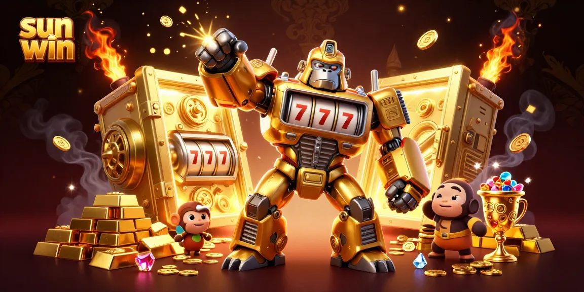 Experience thrilling wins at Sun Win with a golden gorilla mech surrounded by treasures!