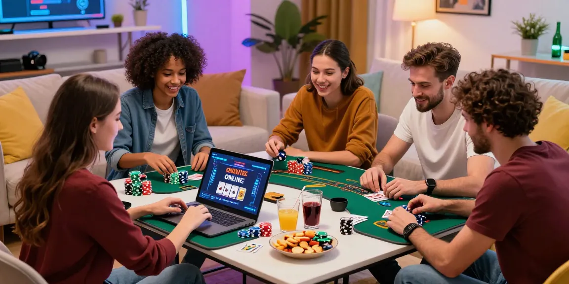 Group of friends enjoying games at credit card online casinos in a vibrant home setting.
