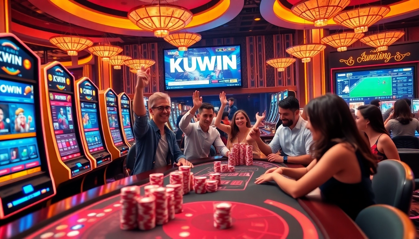 Players enjoying a thrilling game on the KUWIN online casino platform with vibrant slot machines and poker tables.