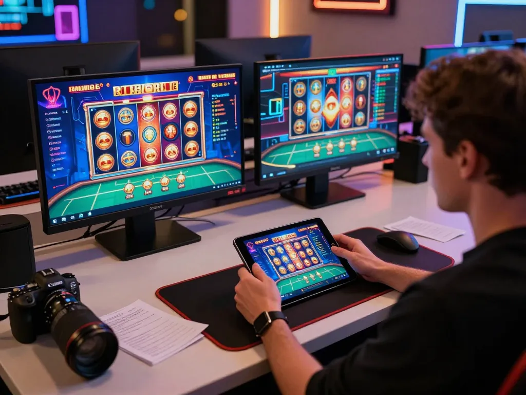 Engaged user playing RR88 online casino slots on a tablet in a modern gaming setup.