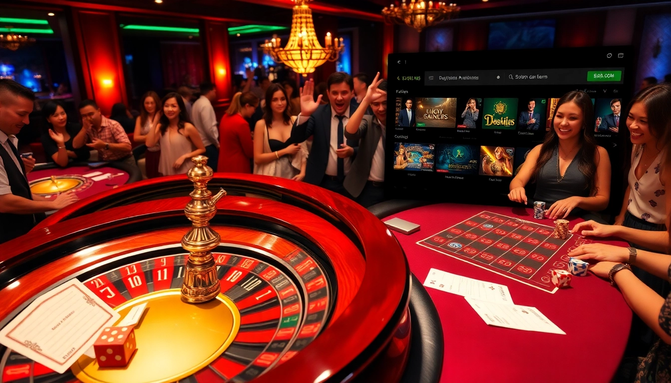 Experience the luxury of gambling with KJC365, highlighting the excitement of roulette and poker in a vibrant casino setting.