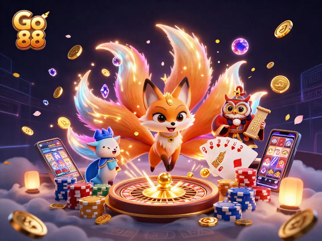 Engage with Go 88's vibrant casino world featuring a wise owl and mystical fox amid dynamic gaming elements.